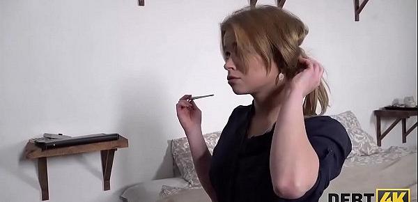  Debt4k. Teen Calibri Angel pays the debt for breasts enhancement spreading legs for collector